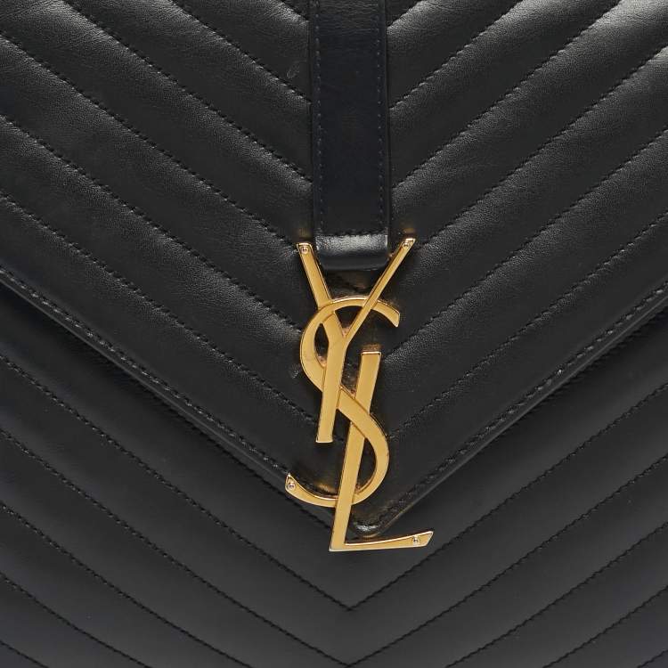 Pre Owned Saint Laurent Black Chevron Leather Large Monogram Envelope Shoulder Bag