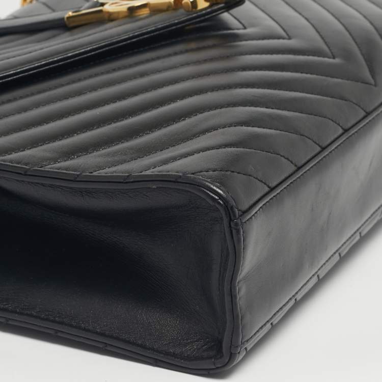 Pre Owned Saint Laurent Black Chevron Leather Large Monogram Envelope Shoulder Bag