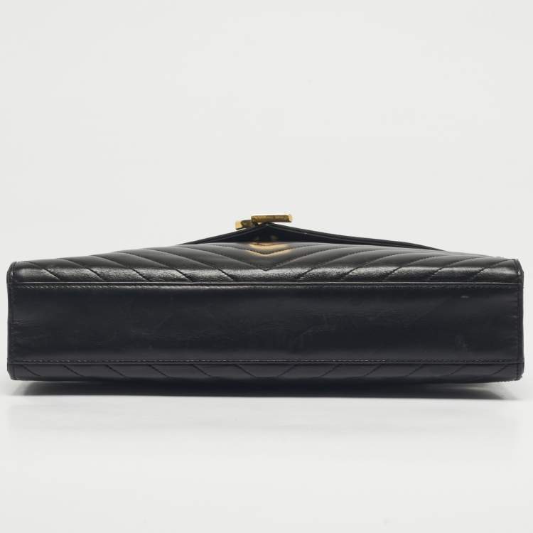 Pre Owned Saint Laurent Black Chevron Leather Large Monogram Envelope Shoulder Bag