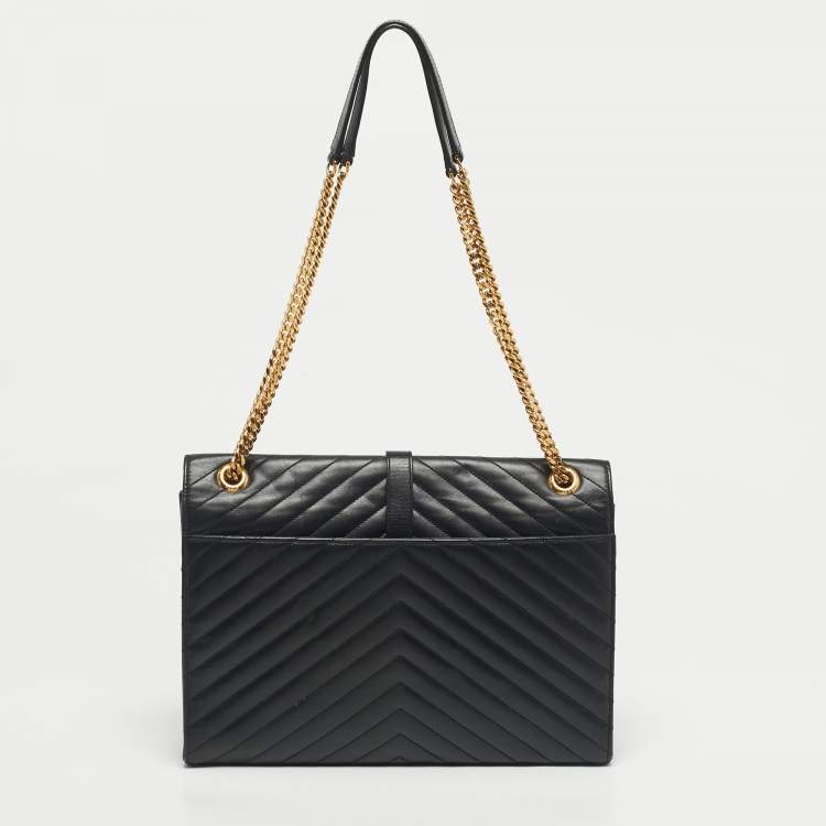 Pre Owned Saint Laurent Black Chevron Leather Large Monogram Envelope Shoulder Bag