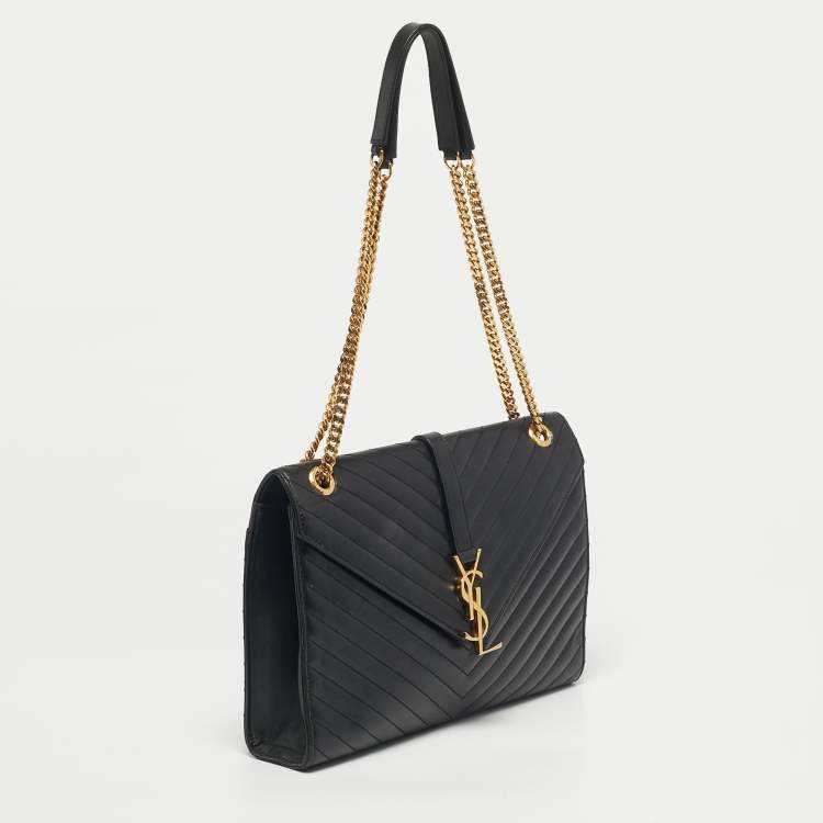 Pre Owned Saint Laurent Black Chevron Leather Large Monogram Envelope Shoulder Bag