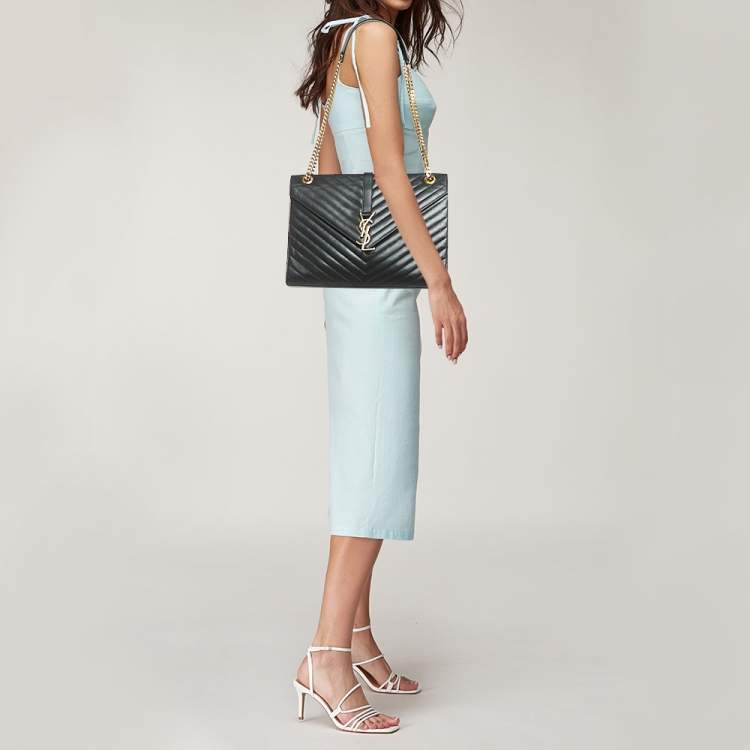 Pre Owned Saint Laurent Black Chevron Leather Large Monogram Envelope Shoulder Bag