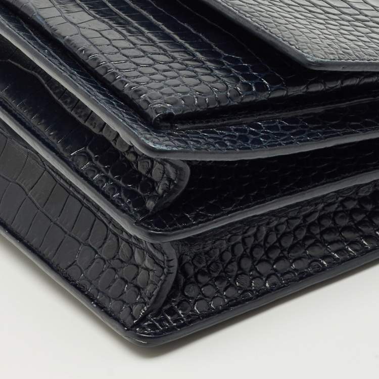 Pre Owned Saint Laurent Navy Blue Croc Embossed Leather Medium Sunset Shoulder Bag