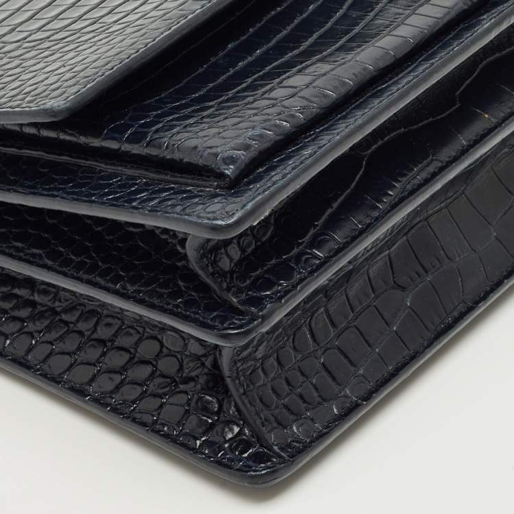 Pre Owned Saint Laurent Navy Blue Croc Embossed Leather Medium Sunset Shoulder Bag