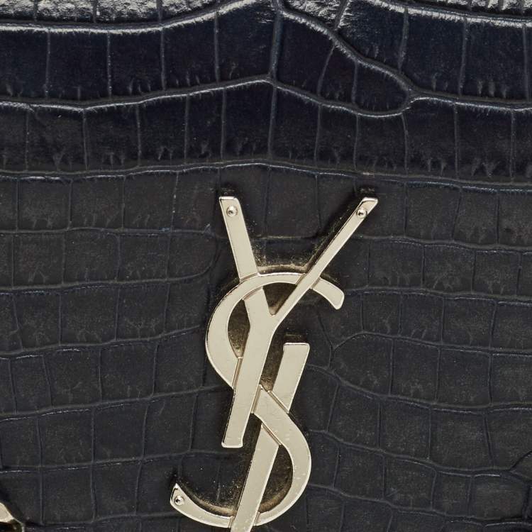 Pre Owned Saint Laurent Navy Blue Croc Embossed Leather Medium Sunset Shoulder Bag
