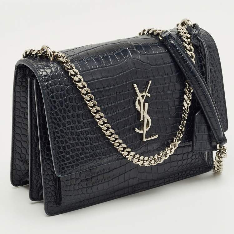 Pre Owned Saint Laurent Navy Blue Croc Embossed Leather Medium Sunset Shoulder Bag