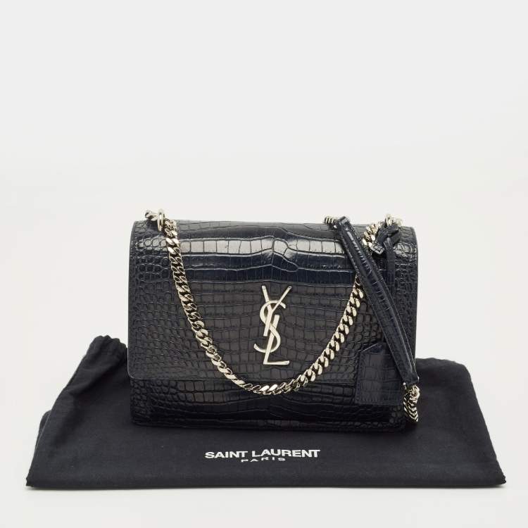 Pre Owned Saint Laurent Navy Blue Croc Embossed Leather Medium Sunset Shoulder Bag