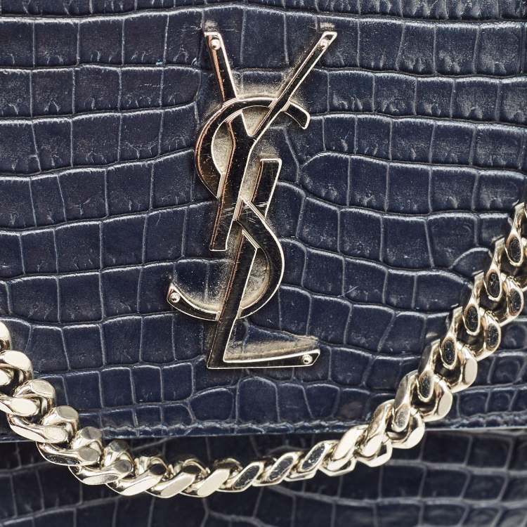 Pre Owned Saint Laurent Navy Blue Croc Embossed Leather Medium Sunset Shoulder Bag