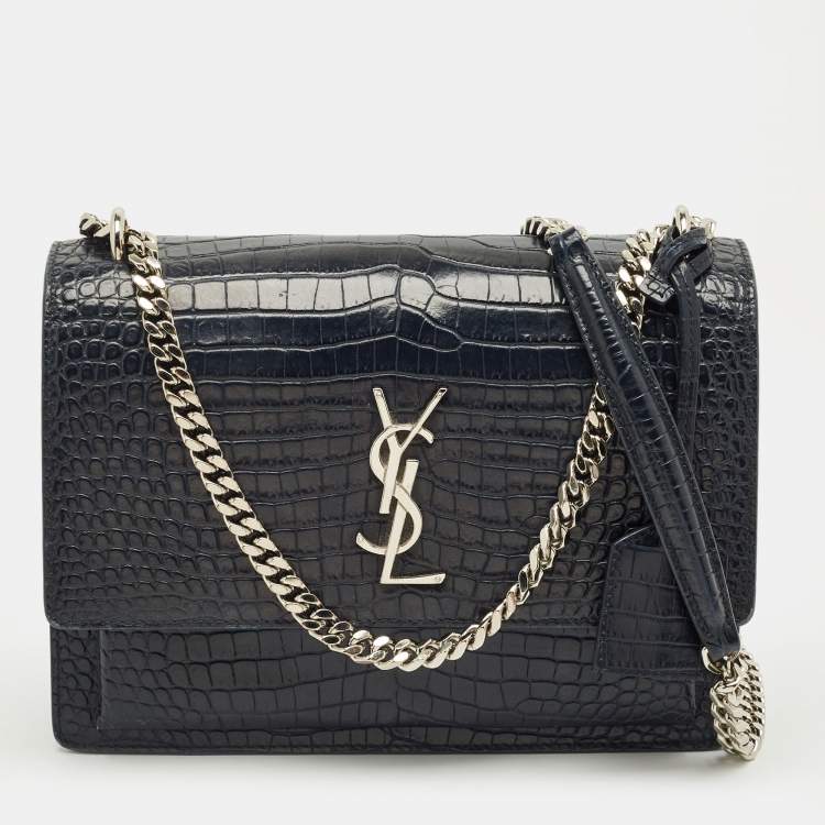 Pre Owned Saint Laurent Navy Blue Croc Embossed Leather Medium Sunset Shoulder Bag