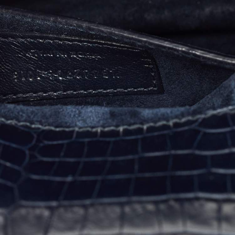 Pre Owned Saint Laurent Navy Blue Croc Embossed Leather Medium Sunset Shoulder Bag