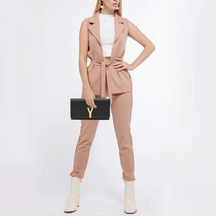 Pre Owned Saint Laurent Black Leather Y-Ligne Clutch