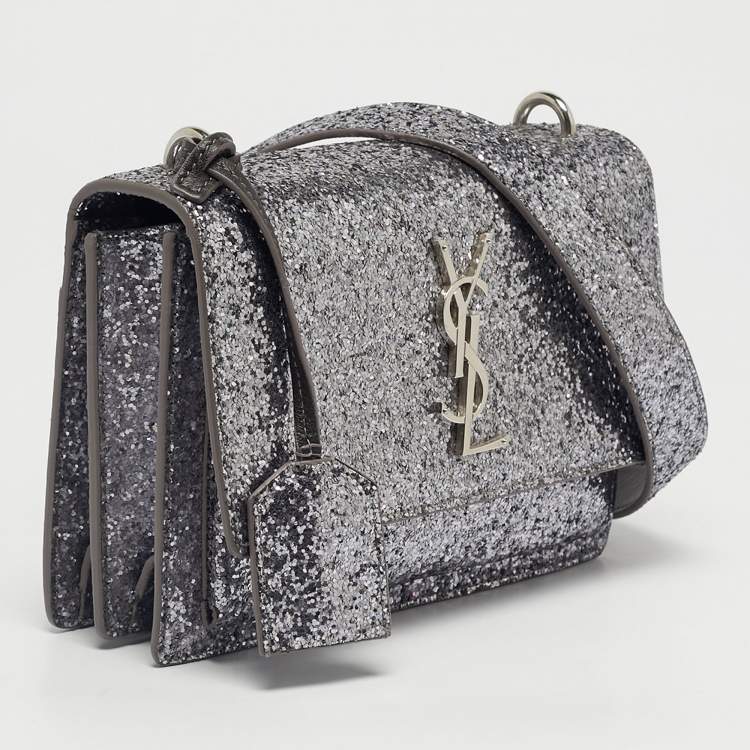 مملوكة مسبقًا Saint Laurent Silver Glitter Leather Small Sunset Chain Shoulder Bag