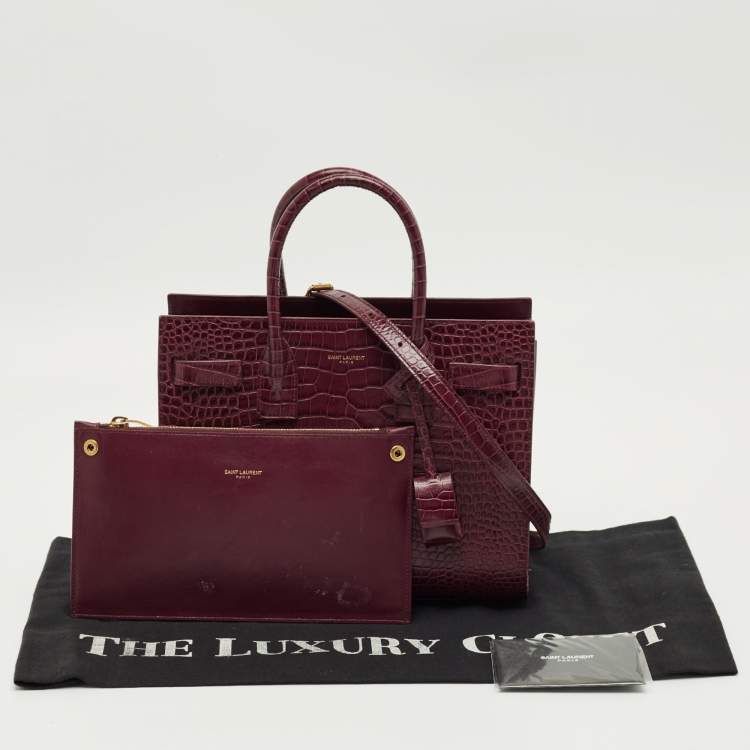 Pre Owned Saint Laurent Burgundy Croc Embossed Leather Baby Sac de Jour Tote
