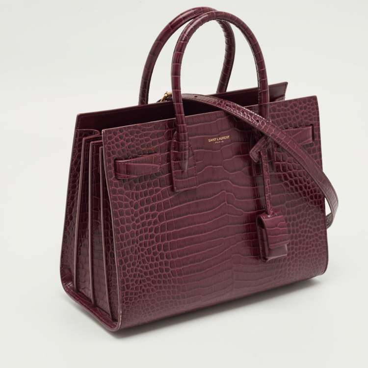 Pre Owned Saint Laurent Burgundy Croc Embossed Leather Baby Sac de Jour Tote