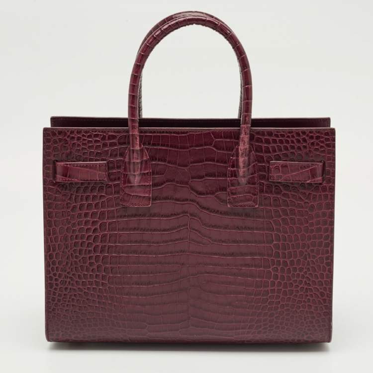 Pre Owned Saint Laurent Burgundy Croc Embossed Leather Baby Sac de Jour Tote