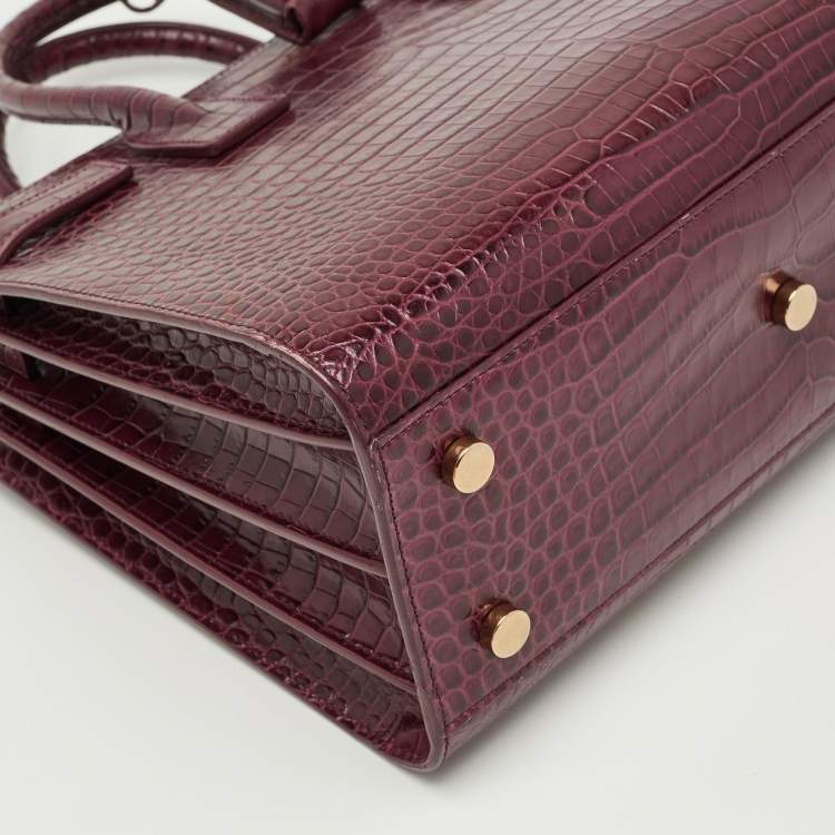 Pre Owned Saint Laurent Burgundy Croc Embossed Leather Baby Sac de Jour Tote