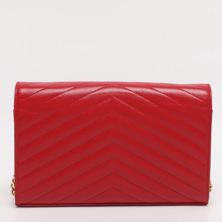 Pre Owned Saint Laurent Red Matelassé Leather Cassandre Wallet on Chain