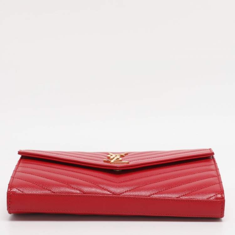 Pre Owned Saint Laurent Red Matelassé Leather Cassandre Wallet on Chain