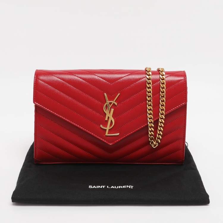 Pre Owned Saint Laurent Red Matelassé Leather Cassandre Wallet on Chain