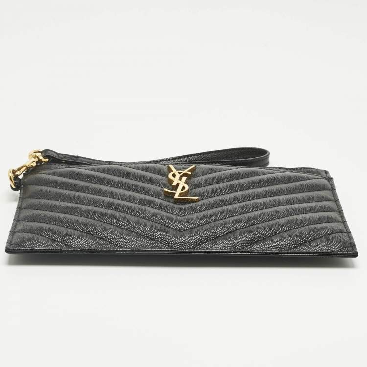 Pre Owned Saint Laurent Black Matelassé Leather Monogram Wristlet Pouch