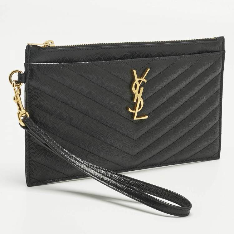 Pre Owned Saint Laurent Black Matelassé Leather Monogram Wristlet Pouch