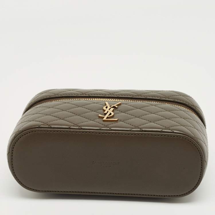 Pre Owned Saint Laurent Olive Green Quilted Leather Mini Gaby Vanity Bag