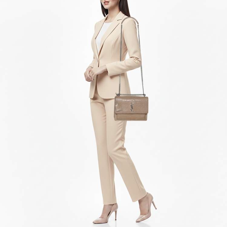 مملوكة مسبقًا Saint Laurent Taupe Croc Embossed Leather Medium Sunset Shoulder Bag