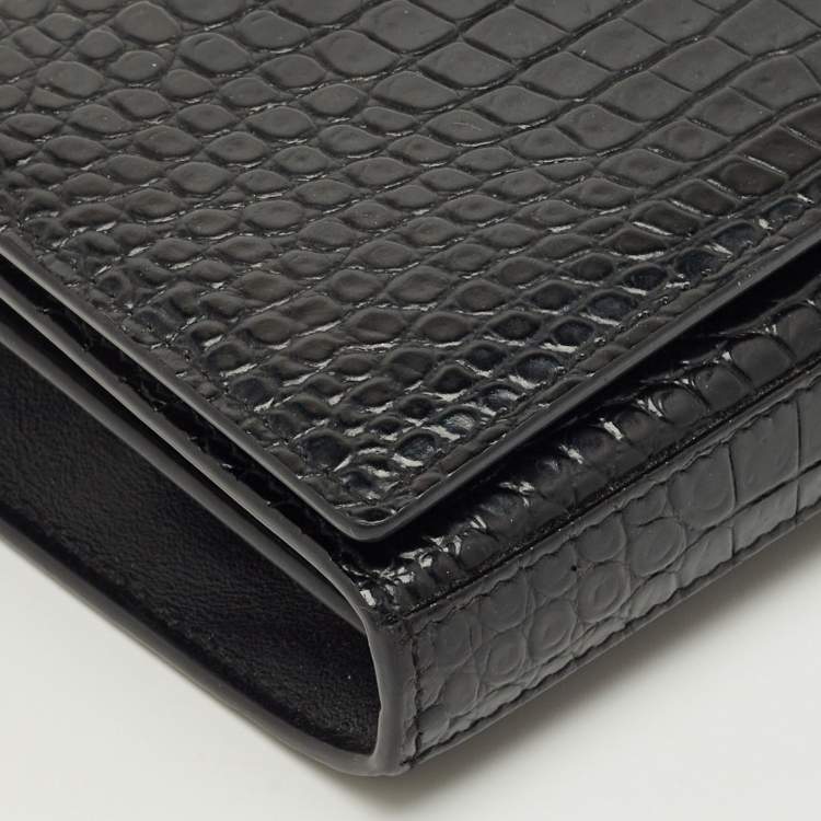 Pre Owned Saint Laurent Black Croc Embossed Leather Kate Clutch
