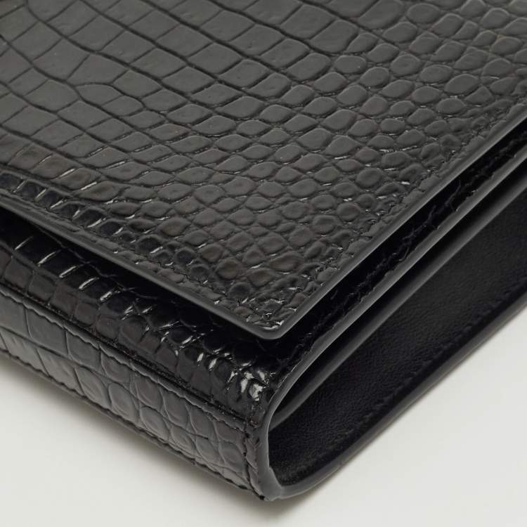 Pre Owned Saint Laurent Black Croc Embossed Leather Kate Clutch