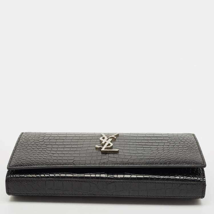 Pre Owned Saint Laurent Black Croc Embossed Leather Kate Clutch