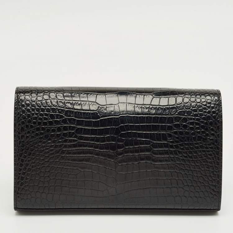 Pre Owned Saint Laurent Black Croc Embossed Leather Kate Clutch