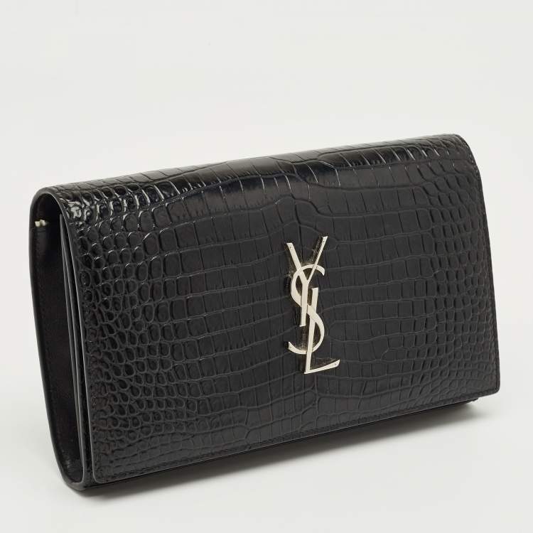 Pre Owned Saint Laurent Black Croc Embossed Leather Kate Clutch