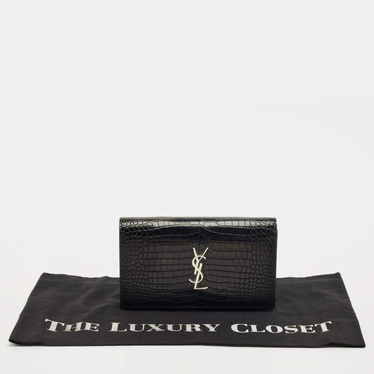Pre Owned Saint Laurent Black Croc Embossed Leather Kate Clutch
