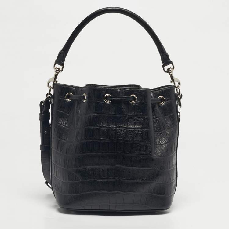 Pre Owned Saint Laurent Black Croc Embossed Leather Emmanuelle Bucket Bag