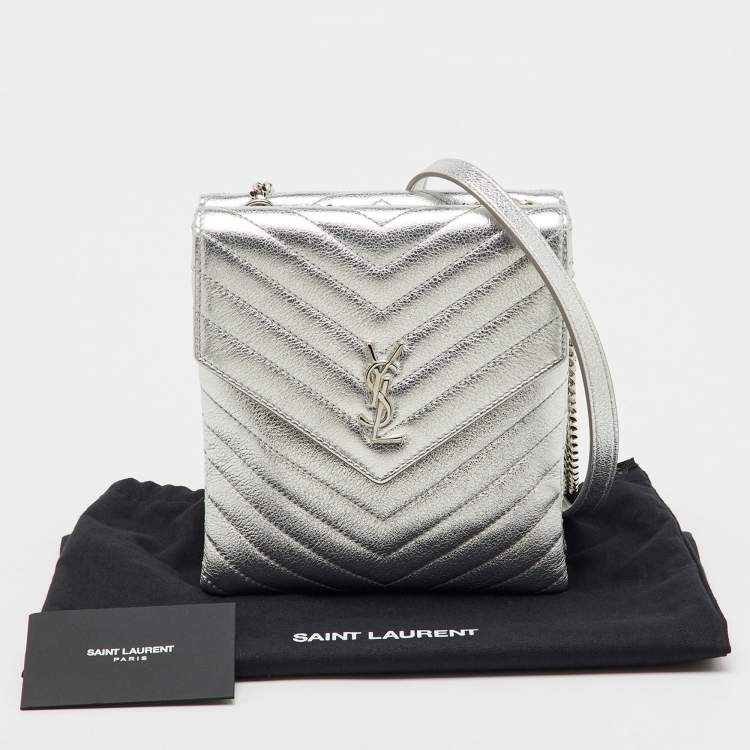 Pre Owned Saint Laurent Silver Leather Matelasse Double Flap Crossbody Bag
