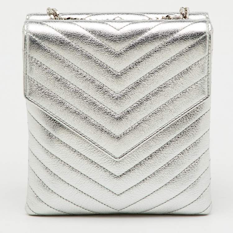 Pre Owned Saint Laurent Silver Leather Matelasse Double Flap Crossbody Bag