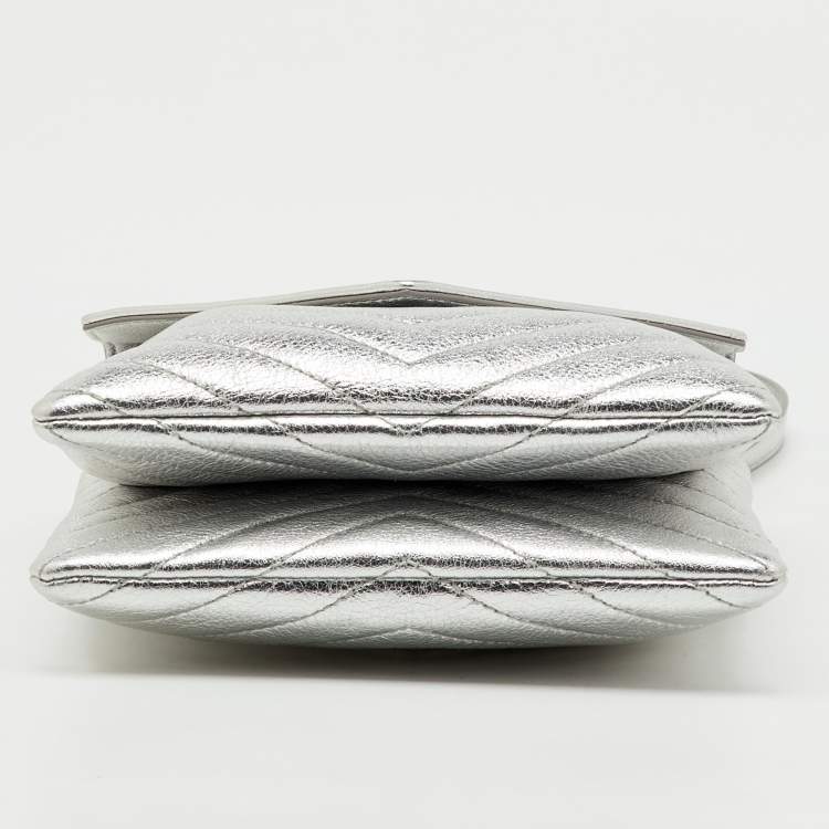 Pre Owned Saint Laurent Silver Leather Matelasse Double Flap Crossbody Bag