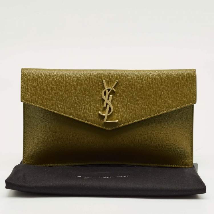 Pre Owned Saint Laurent Olive Green Leather Uptown Clutch