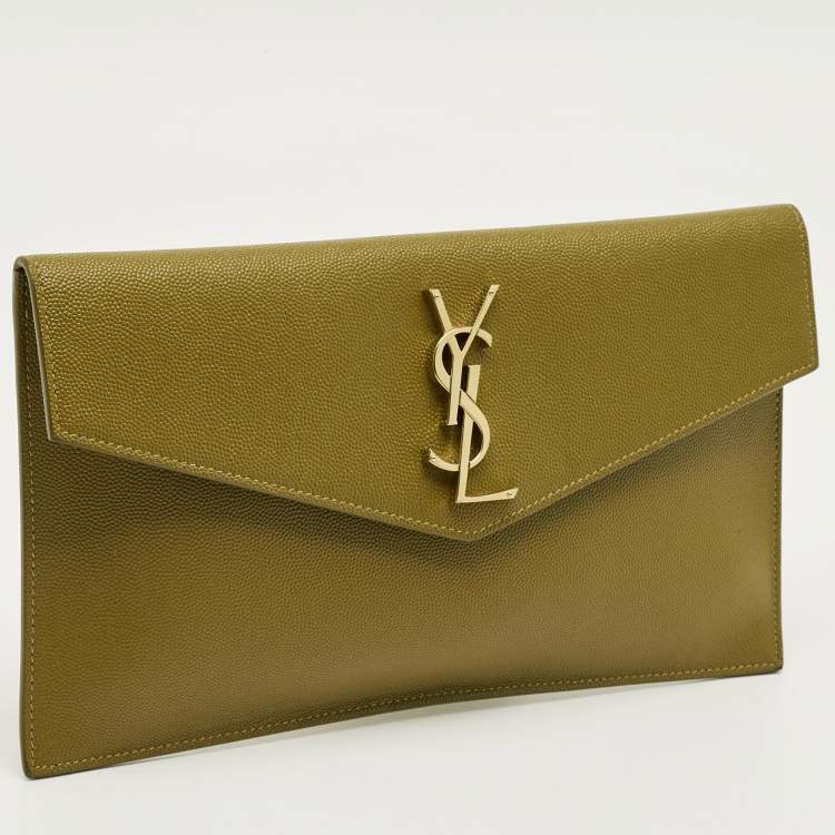 Pre Owned Saint Laurent Olive Green Leather Uptown Clutch