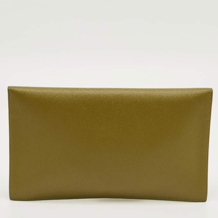 Pre Owned Saint Laurent Olive Green Leather Uptown Clutch