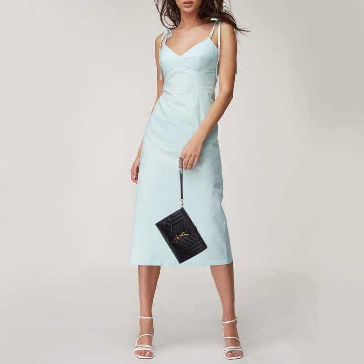 Pre Owned Saint Laurent Black Leather Monogram Envelope Pouch Clutch