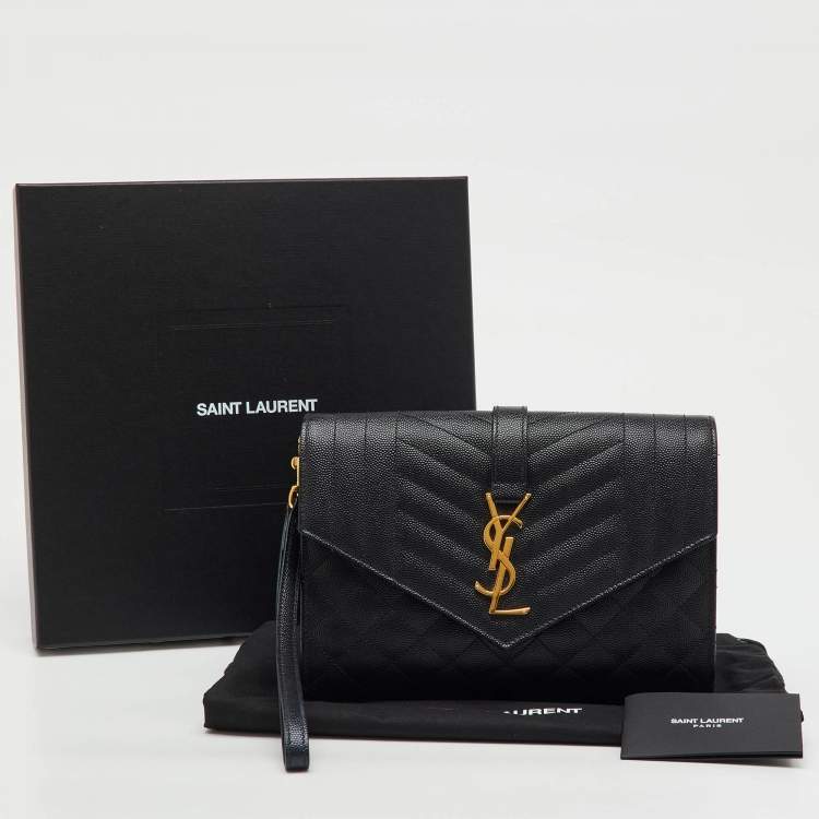 Pre Owned Saint Laurent Black Leather Monogram Envelope Pouch Clutch