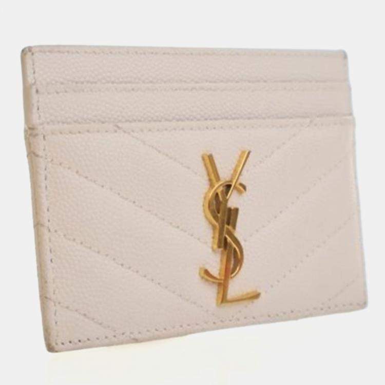 Pre Owned Saint Laurent White Grained Calfskin Card Holder