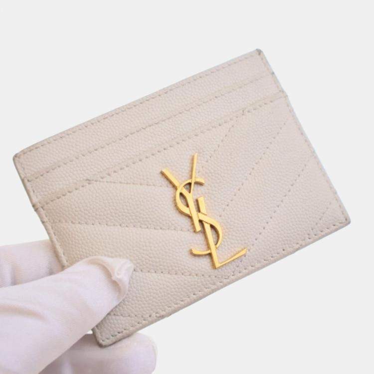 Pre Owned Saint Laurent White Grained Calfskin Card Holder