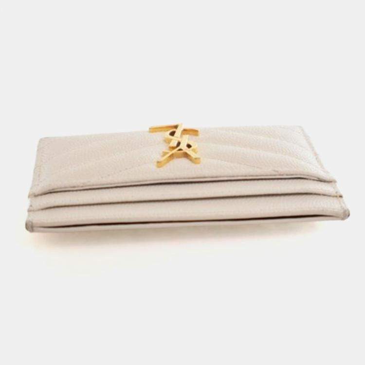 Pre Owned Saint Laurent White Grained Calfskin Card Holder