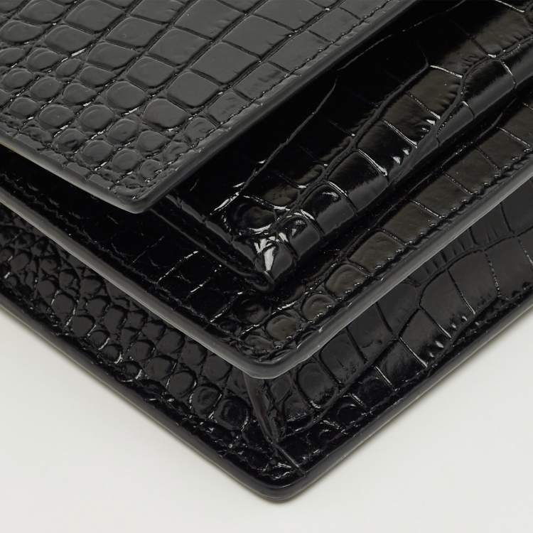 Pre Owned Saint Laurent Black Croc Embossed Leather Sunset Wallet on Chain