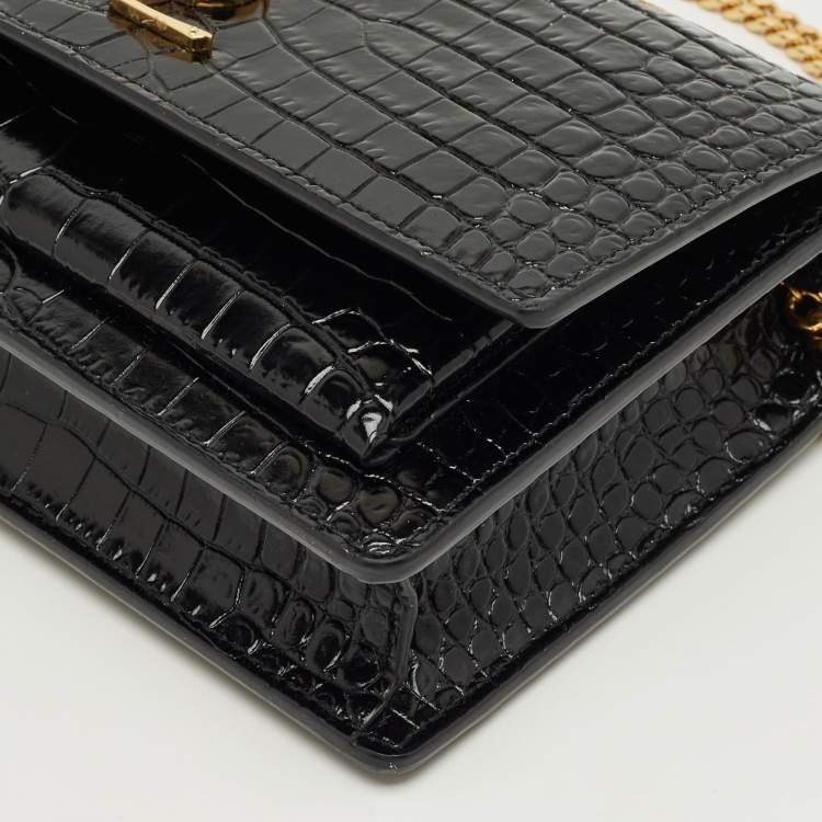 Pre Owned Saint Laurent Black Croc Embossed Leather Sunset Wallet on Chain