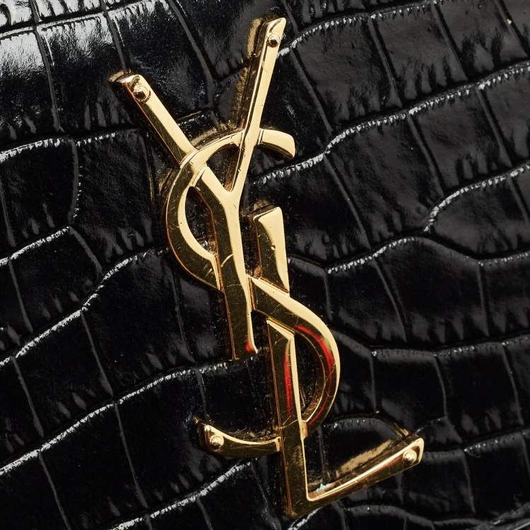 Pre Owned Saint Laurent Black Croc Embossed Leather Sunset Wallet on Chain