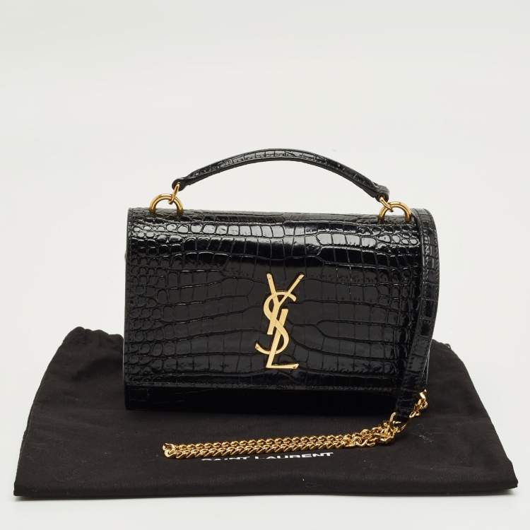 Pre Owned Saint Laurent Black Croc Embossed Leather Sunset Wallet on Chain