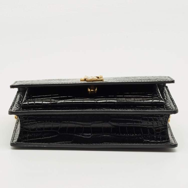 Pre Owned Saint Laurent Black Croc Embossed Leather Sunset Wallet on Chain